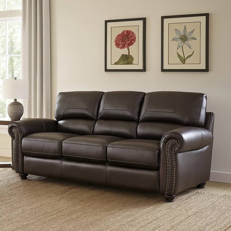 Kia 84 Inch Sofa, Dark Brown Top Grain and Faux Leather, Solid Wood