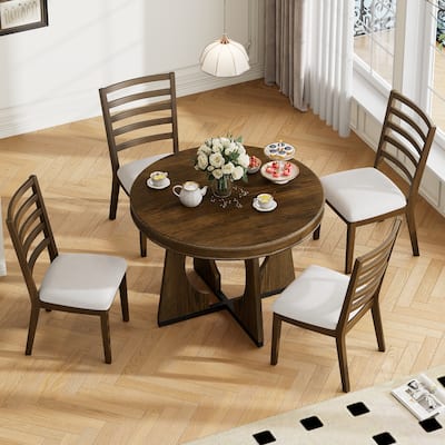 5 Piece Retro Dining Table Set, Extendable Round Dining Table Set