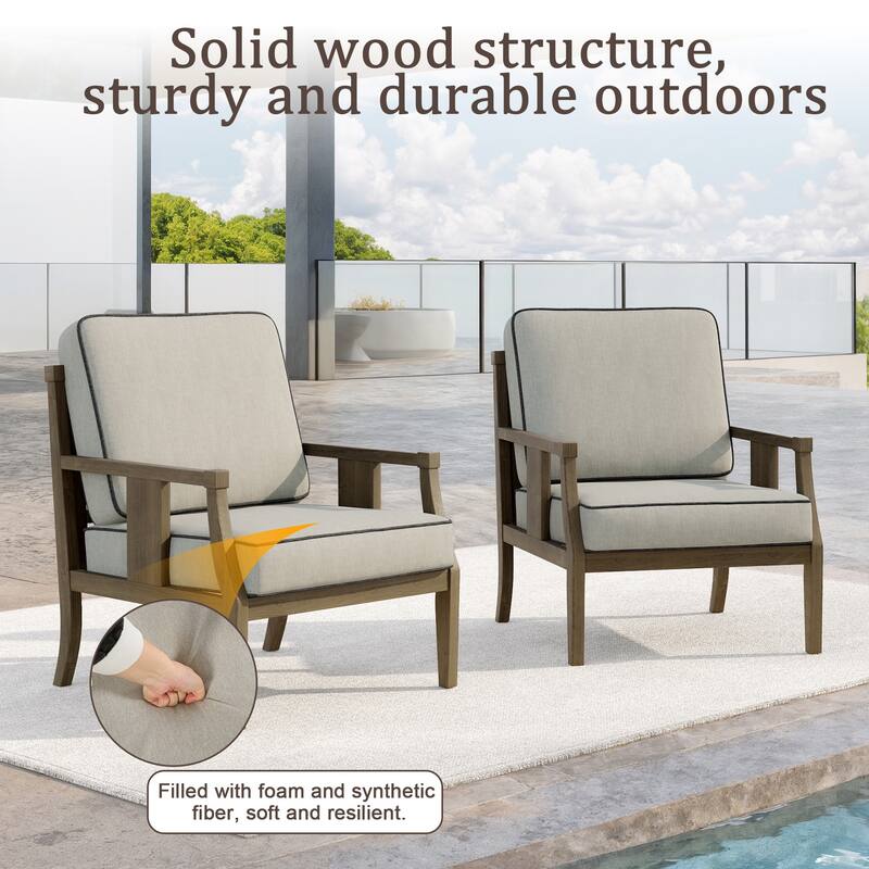 Set of 2 Outdoor Teak Wood Armchairs with Cushions, Patio Club Chairs