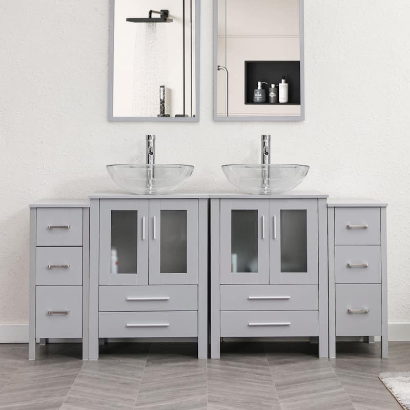 72" Bathroom Vanity Set Glass Ceramic Vessel Sink Side Cabinet Combo - clear round sink - Grey