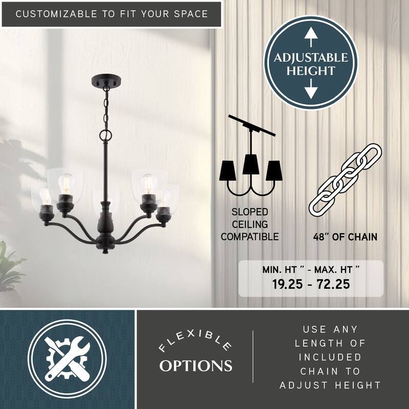 Bellwood 5-Light Traditional Chandelier, Glass Shade, Pendant Fixture for Dining Table Kitchen Entryway Bedroom Island