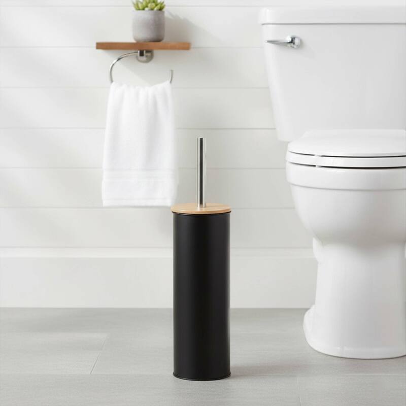 Metal Toilet Brush and Holder Set With Bamboo Lid