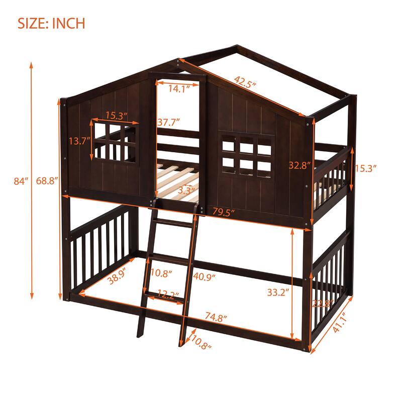Twin Over Twin Bunk Bed House Shape Design Solid Wood Construction with Ladder