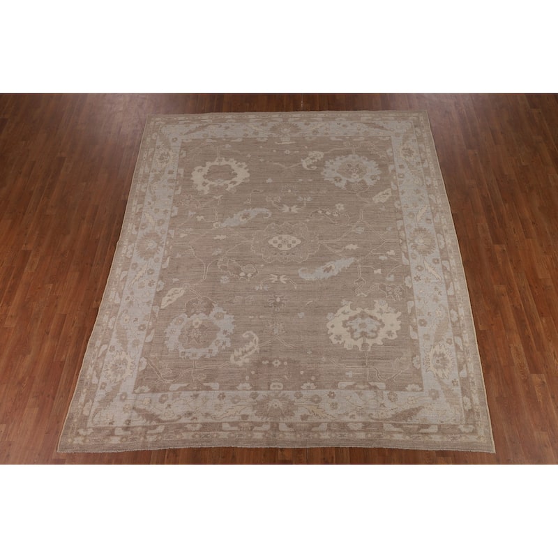 Brown Floral Oushak Vegetable Dye Area Rug Hand-Knotted Wool Carpet - 8'7"x 9'10"