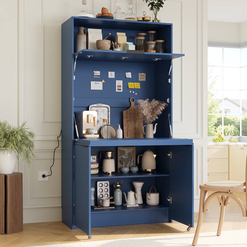 Compact Kitchen Pantry Storage Cabinet, 69" H Buffet Sideboard Server Table with Drop-Down Workstation & Power Outlet