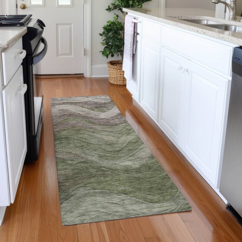 Premium Washable Super Soft Modern Waves Mayfield Rug - Green - 2'3" x 7'6"