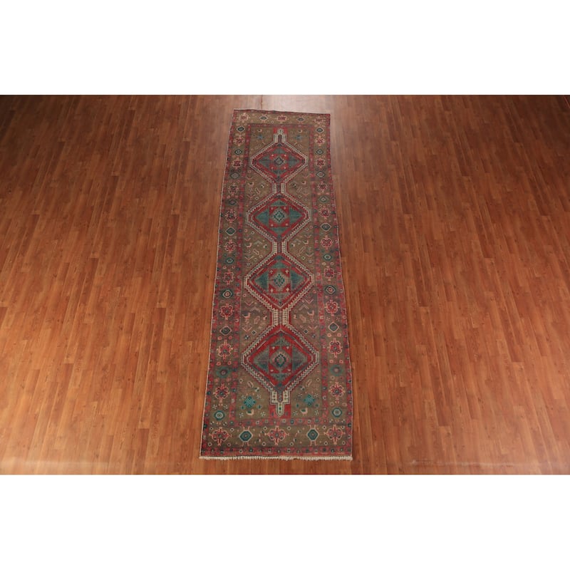 Tribal Geometric Ardebil Persian Runner Rug Hand-Knotted Wool Carpet - 3'7"x 12'0"