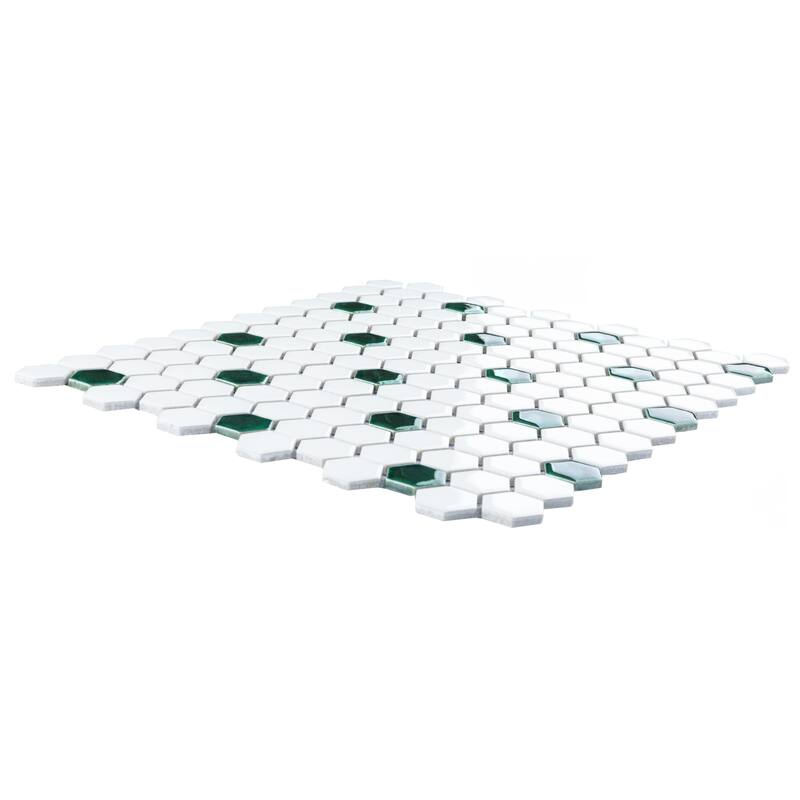 Merola Tile Metro Ion 1" Hex Emerald Dot w/Glossy White 10-1/4" x 11-7/8" Porcelain Mosaic Floor and Wall Tile