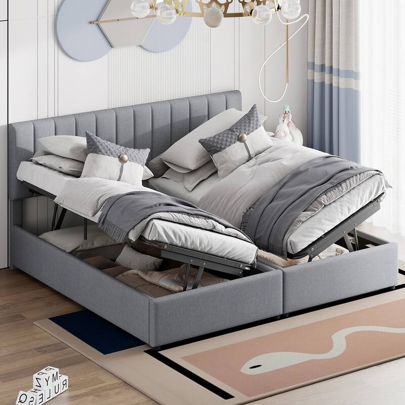 King Size Upholstered Platform Bed with Hydraulic Storage System - Gray