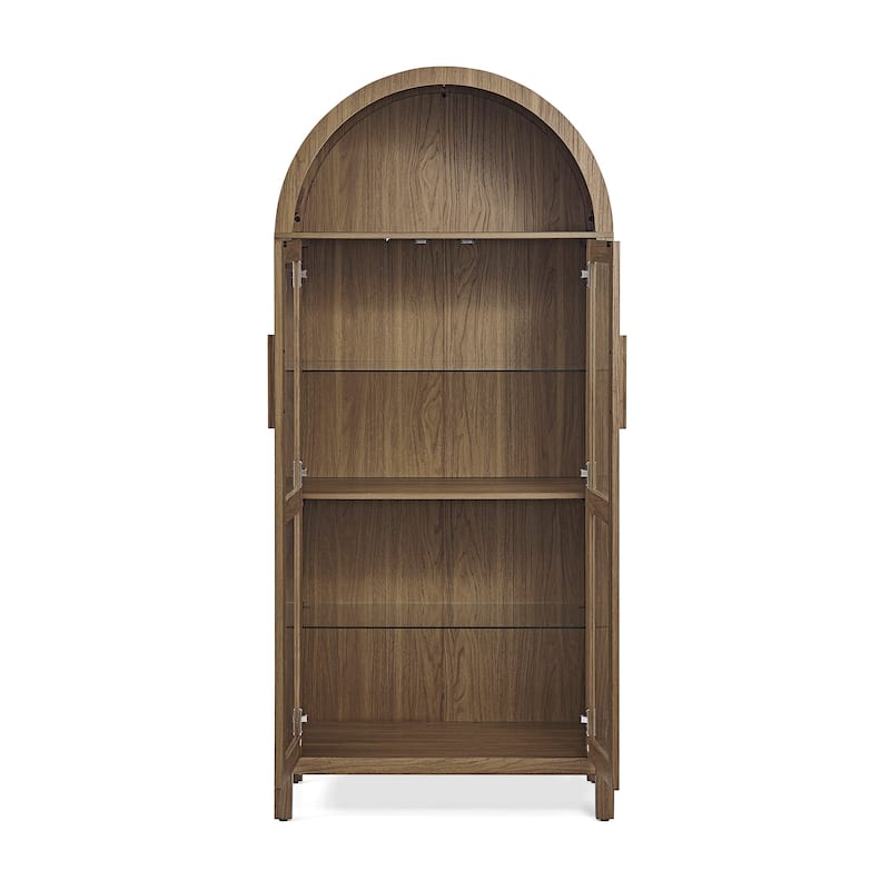67" Arched Storage Cabinet with Glass Doors, Curio Display Cabinet with LED Strips, Adjustable Shelves, 4-Tier Wood Bookcase