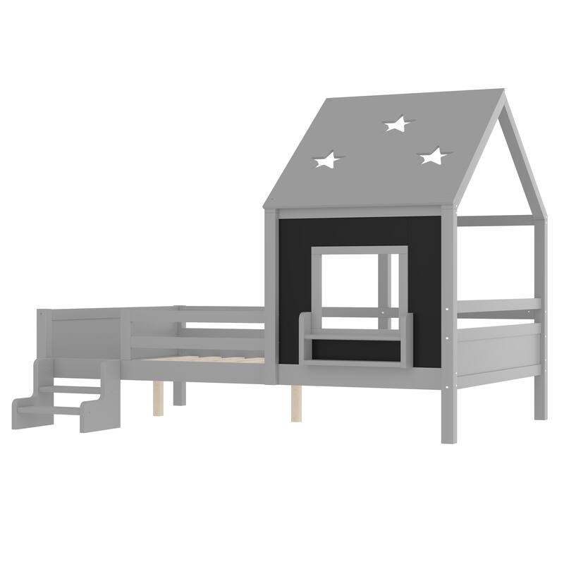 Roomfitters House Floor Bed with Bookcase and Blackboard, Solid Wood Frame with Low Stairs