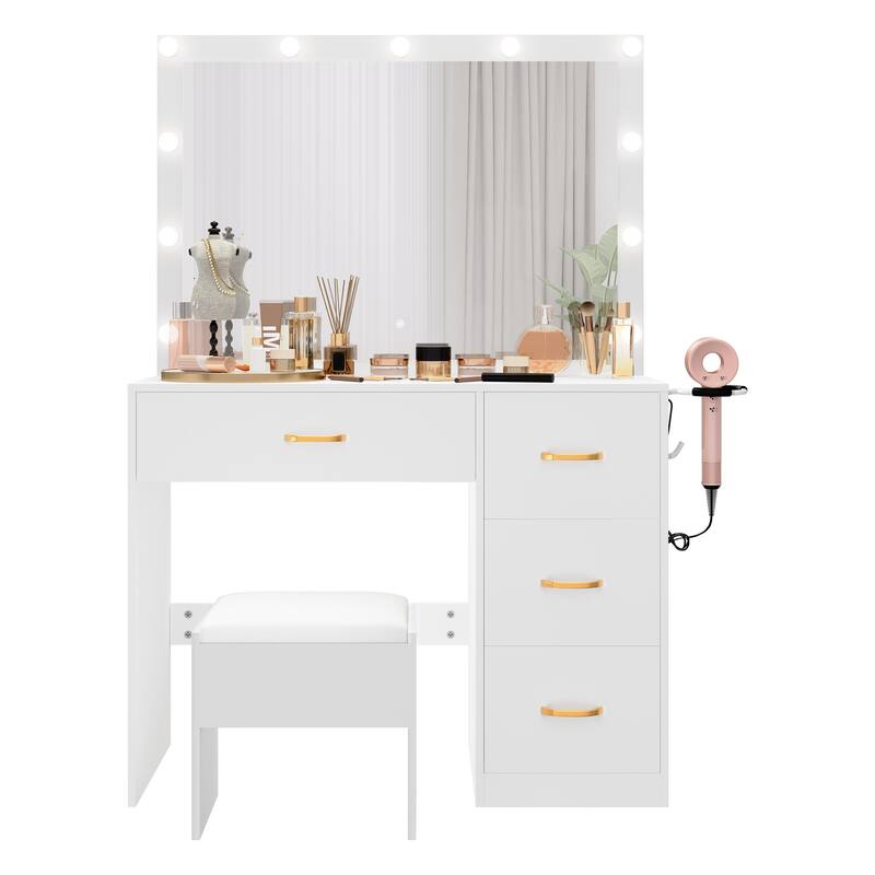 35.4" Mirror Makeup Vanity Table with Stool and Light Bulb - 35.4''L x 15.7''W x 53.5''H - White