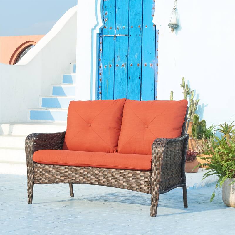 Pocassy Outdoor Wicker Loveseat Couch, 2-Seater Patio Sofa
