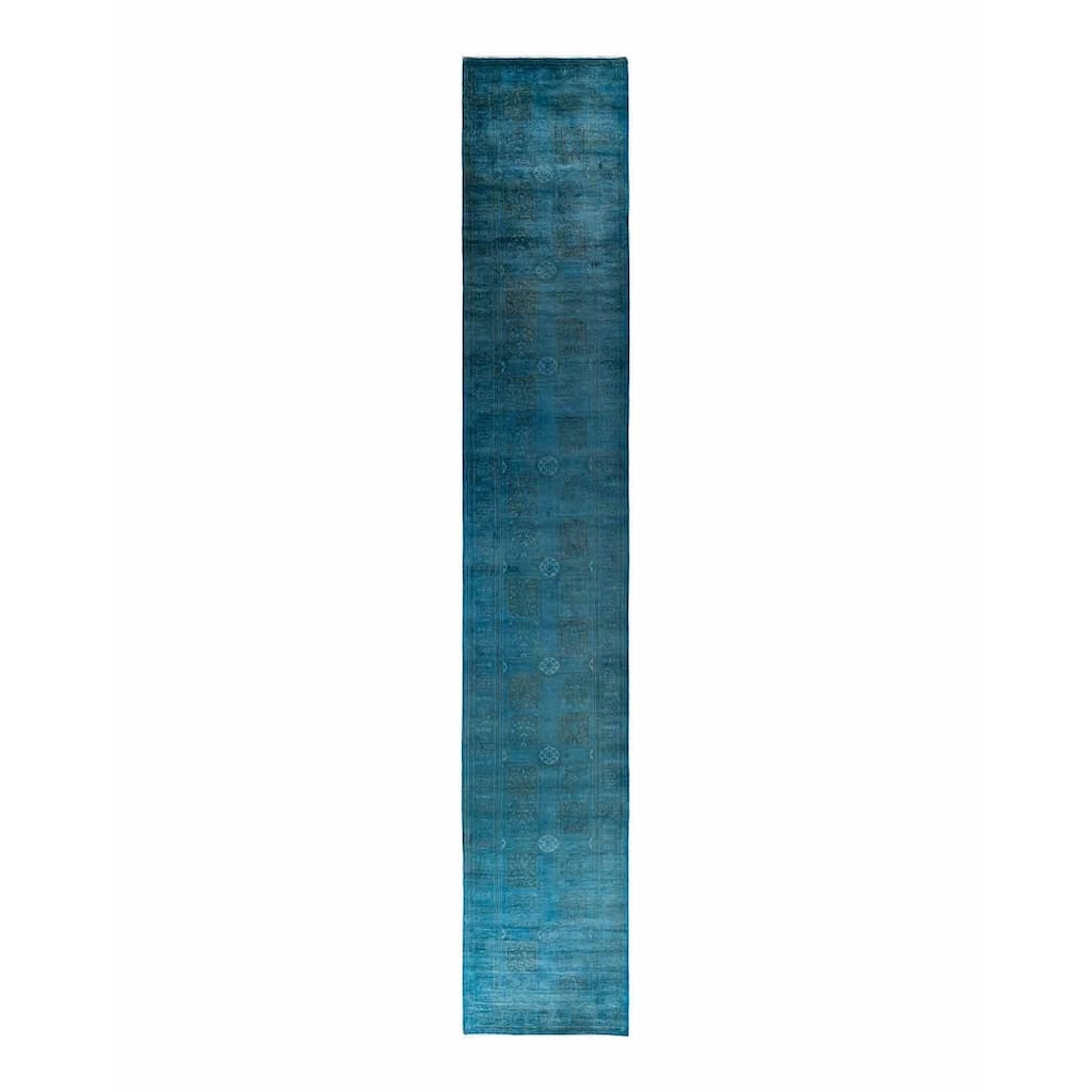 Overton Hand Knotted Wool Vintage Inspired Modern Contemporary Overdyed Blue Runner Rug - 3' 2" x 20' 4"