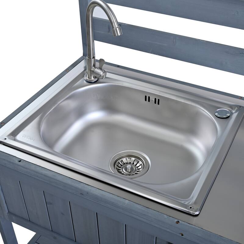 41.7'' Rolling Outdoor Kitchen Island, Solid Wood Kitchen Cart with Sink and Stainless Table Top