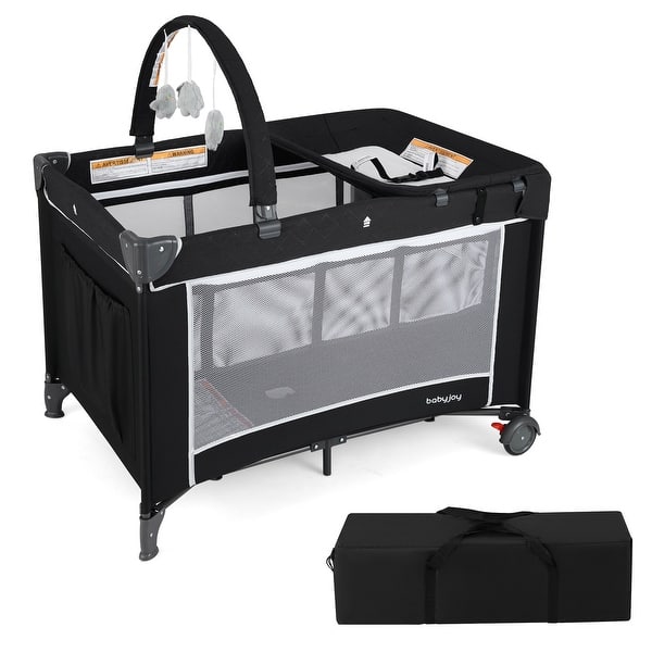 slide 2 of 11, Gymax 3 in 1 Pack & Play w/ Toy Bar Diaper Changing Table w/ Safety Black