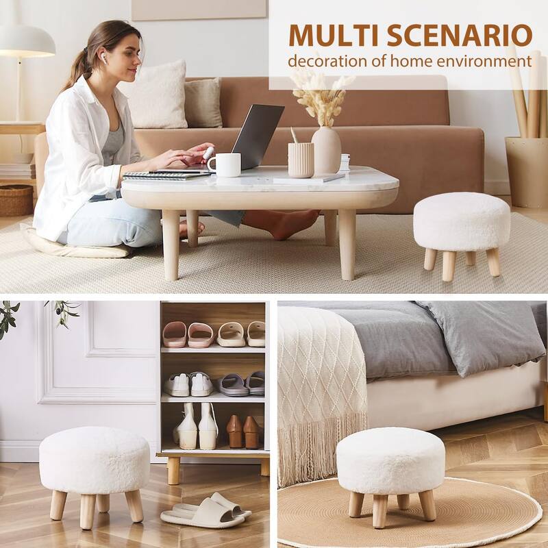 Plush Faux Fleece Round Ottoman Footstool with Wooden Legs and Cozy Seat for Living Room