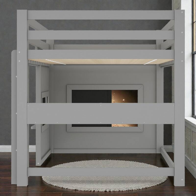 Twin/Full Loft Bed with Sliding Chalkboard, Built-in Bookshelf, Solid Wood Frame & Safety Guardrails, Kids Playhouse Bed