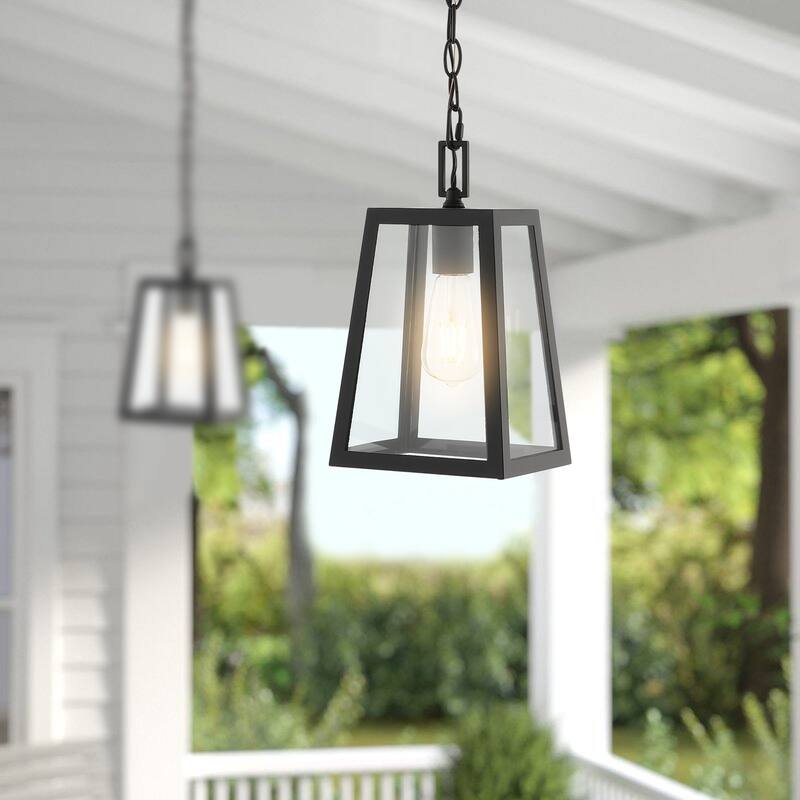 Boston 6.75" 1-Light Farmhouse Industrial Iron/Glass Outdoor LED Pendant, Black/Clear by JONATHAN Y