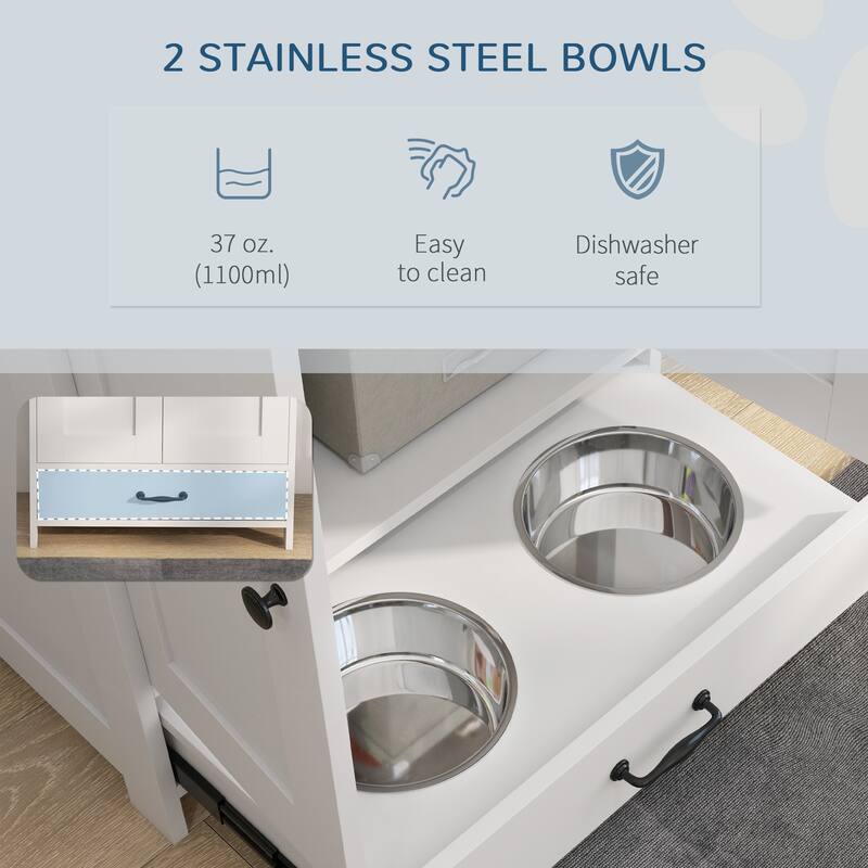 Dog Feeding Station, Dog Food Storage Cabinet with Hidden Dog Bowls, Adjustable Panel, Hooks for Medium Sized Dogs, White