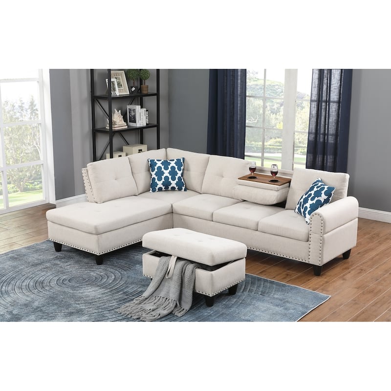 4-piece Modular Sectional Sofa with Storage Ottoman and Pillows
