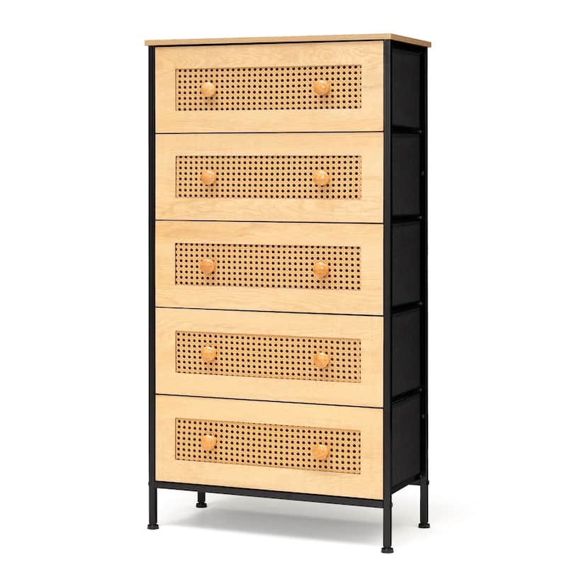 5-Drawer Closet Dresser Chest PE Rattan Storage Tower Organizer Cabinet