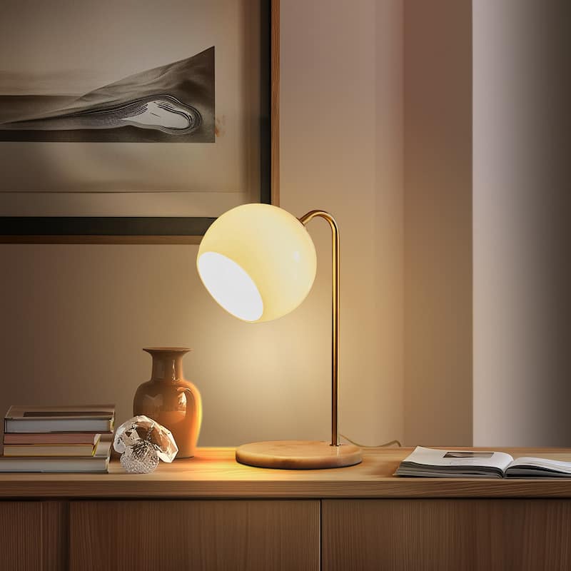 Brightech Krystal 14.5 in. Antique Brass Modern LED Arc Desk Lamp with White Glass Globe Shade