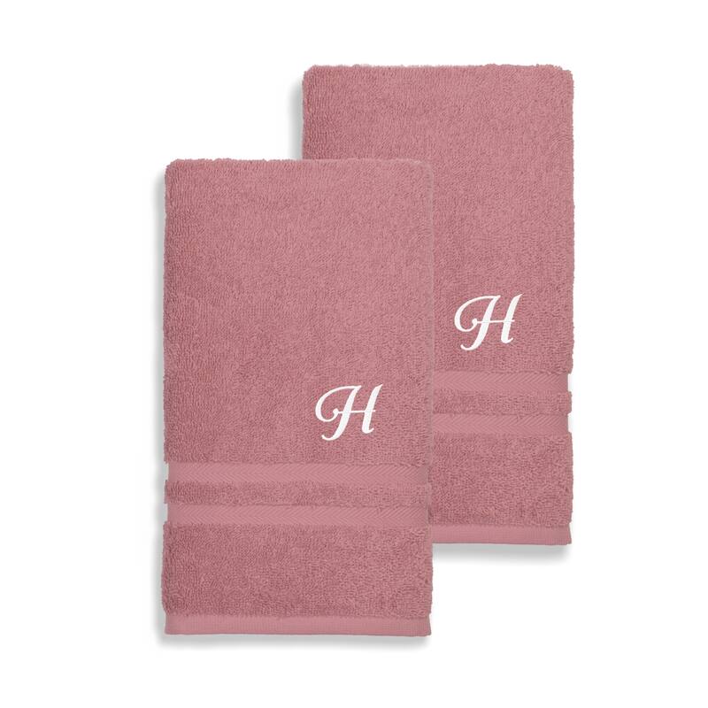 Authentic Hotel and Spa Omni Turkish Cotton Terry Set of 2 Tea Rose Hand Towels with White Script Monogrammed Initial - Pink/H