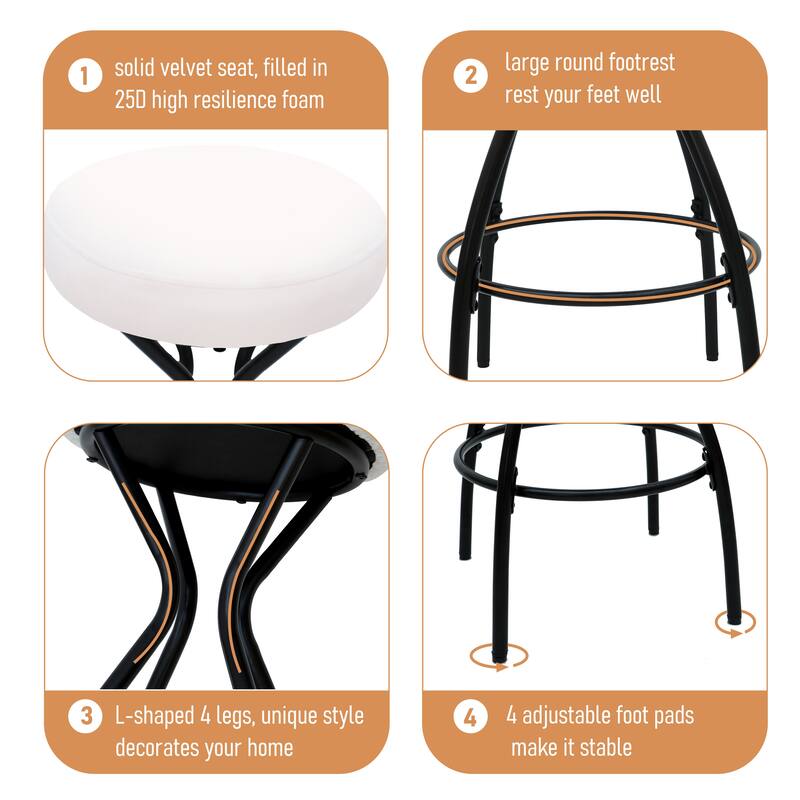 Modern Backless Bar Stools Set of 2 Round Upholstered Counter Stools for Kitchen Island Velvet Dining Chairs