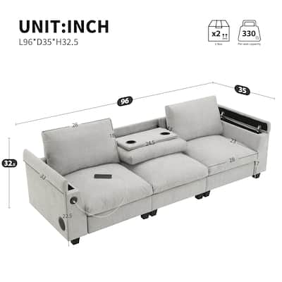 3-seater Cloud Couch Set w/Cup Holders & Drop Down Table, 96*35'' Chenille Sectional Sofa with USB Charger and Storage Armrest