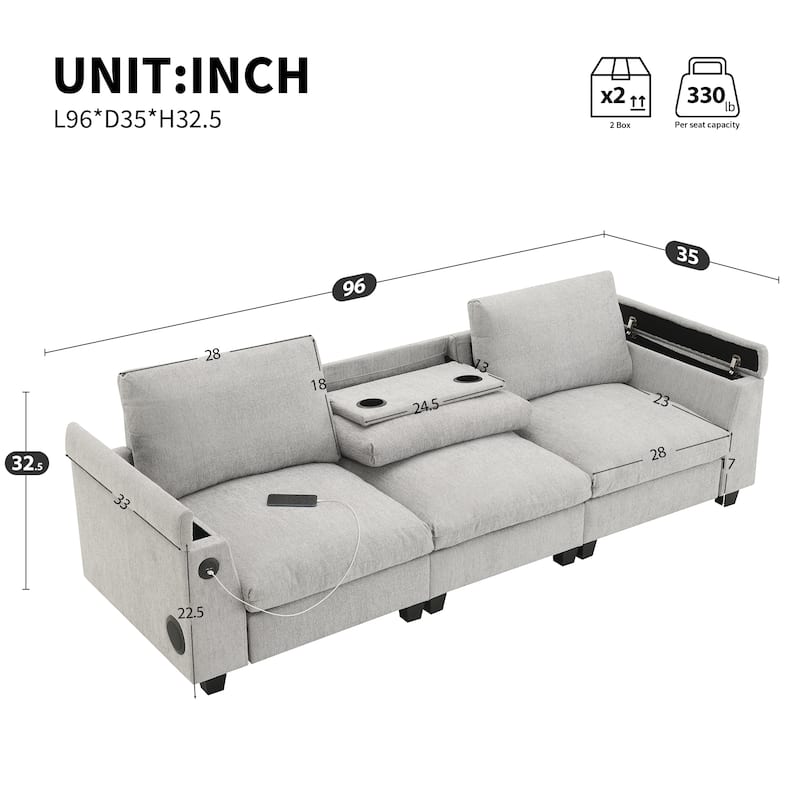 96*35'' Chenille Sectional Sofa with Bluetooth Speaker, Drop Down Table & More