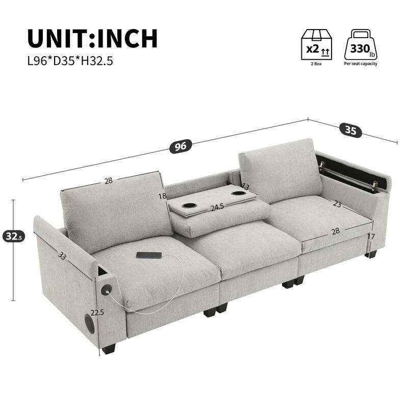 Chenille Cloud Sofa with Cup Holders, USB Port & Bluetooth Speaker, Convertible Loveseat with Drop Down Table & Storage Armrest - Gray