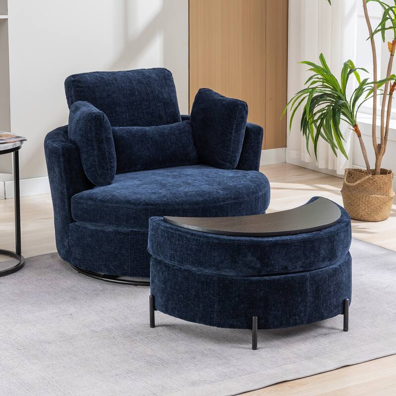 42.3"W Upholstered Swivel Accent Chair with 4 Pillows and Half-Moon Storage Ottoman
