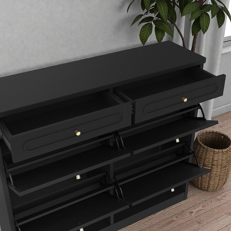 Wooden Shoe Cabinet with 4 Flip Drawers and 2 Storage Drawers, Farmhouse Shoe Storage Cabinet for Entryway Hallway