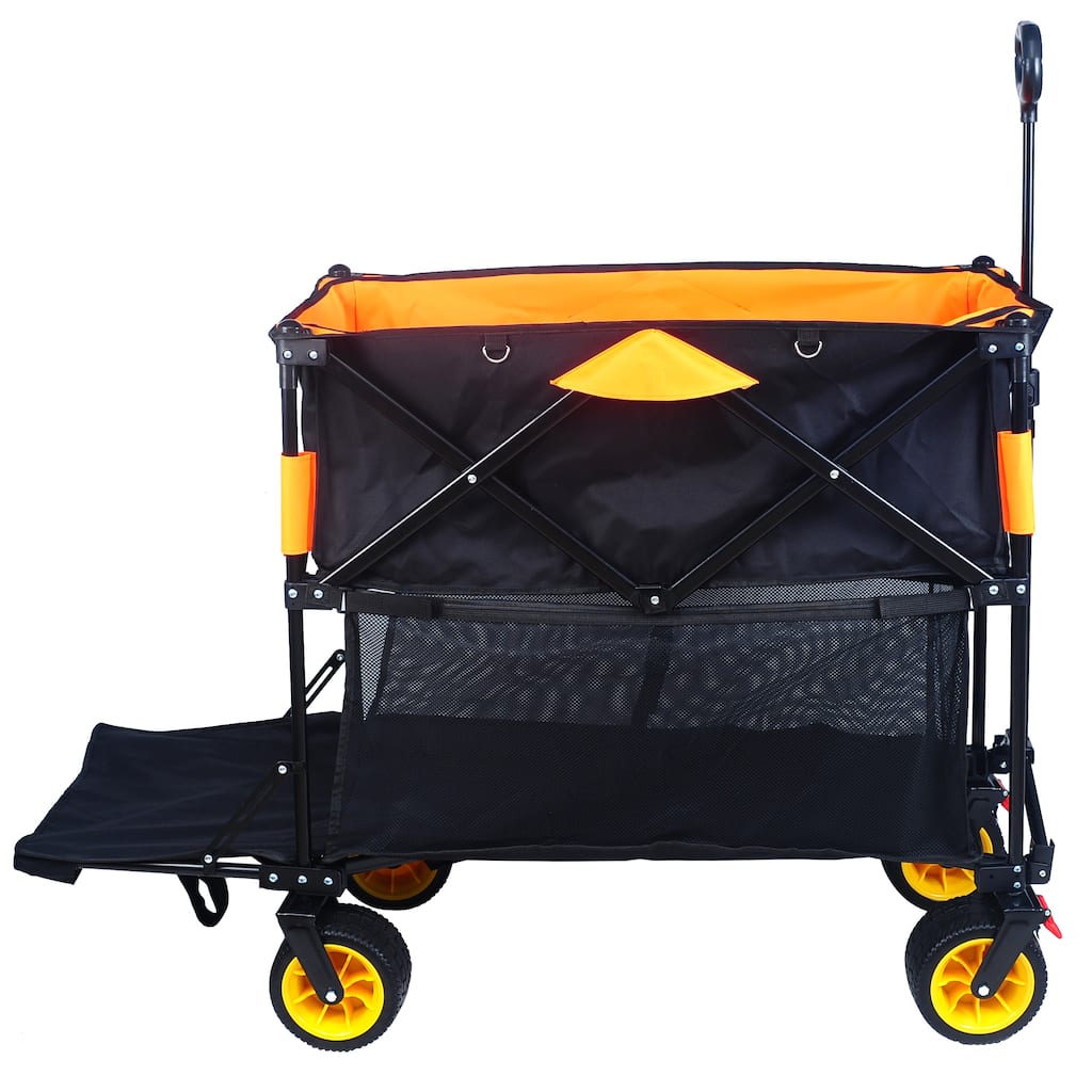 Extra-Long Large Capacity Folding Wagon Cart - Extended Garden & Beach Hauler, Black & Orange