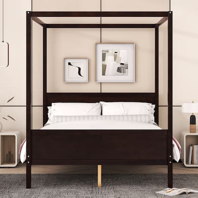 Regal Queen Canopy Bed – Wood Platform Frame with Integrated Headboard & Footboard