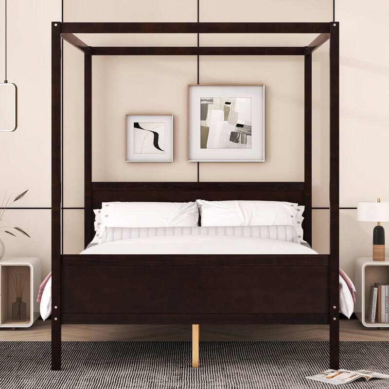 Wooden Queen Size Canopy Bed with Headboard and Footboard, Four Poster Platform Bed, Solid Pine Queen Canopy Bed Frame - Espresso - Queen