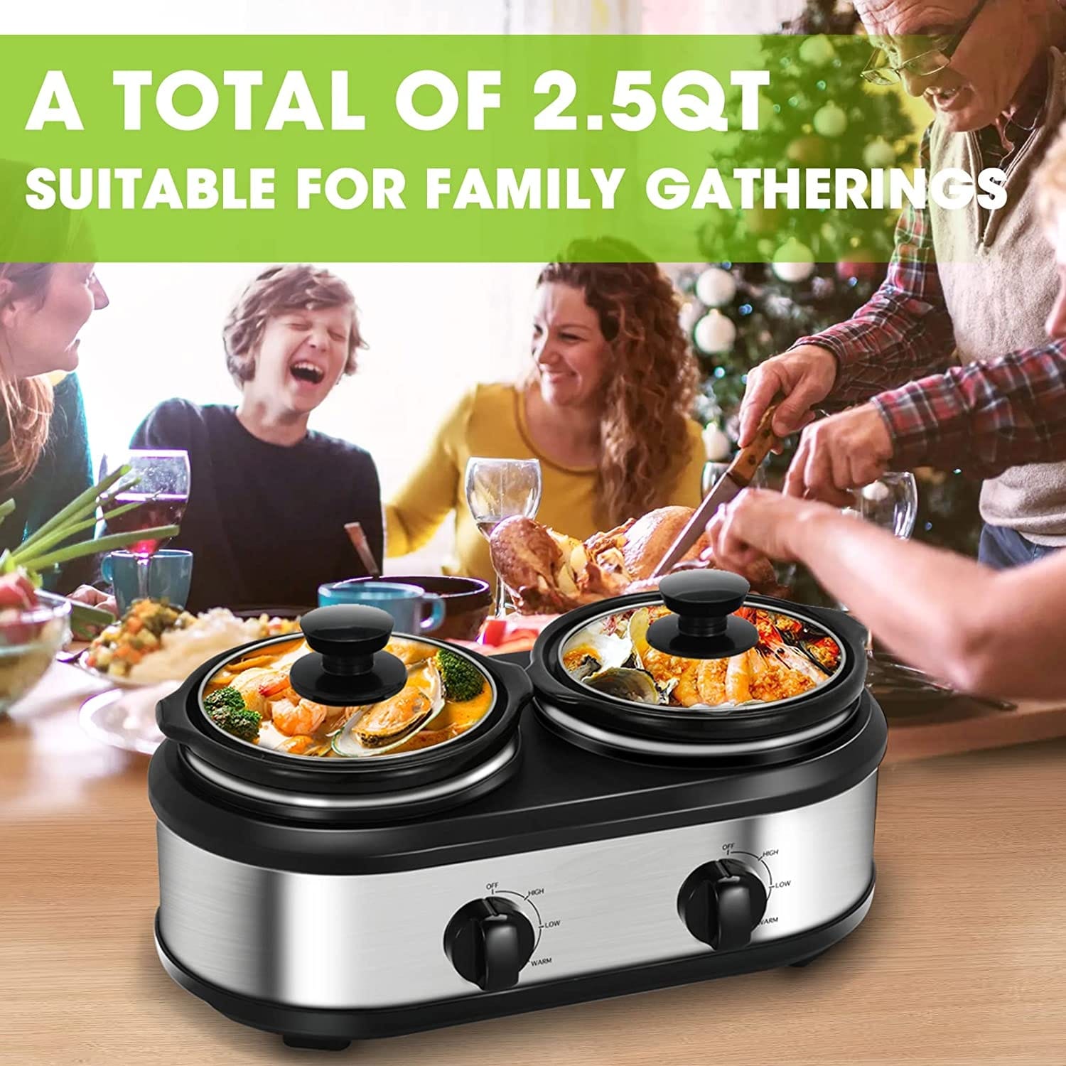 Double Slow Cooker, 2 X 1.25QT Mini Individual Pots with Adjustable Temp,  Dishwasher Safe, Portable Buffet Server and Warmer