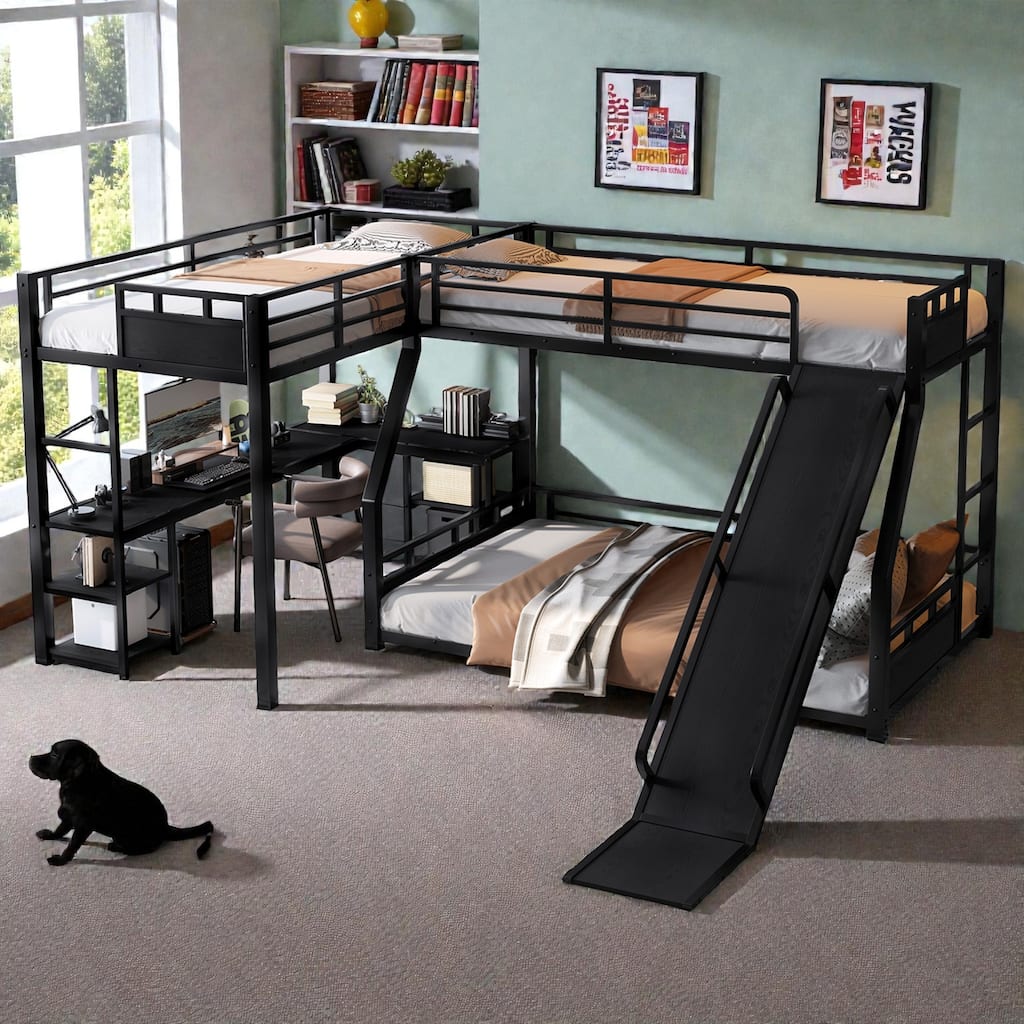 Metal Triple Bunk Bed with L-Shaped Desk, Storage Shelves & Slide, Twin/Twin XL over Full/Queen Space-Saving Loft Design
