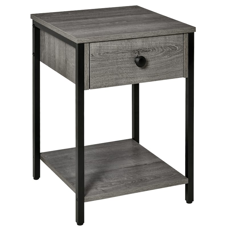 HOMCOM Industrial Side Table with Storage Shelf, Accent Table with Drawer for Living Room, or Bedroom, Rustic Brown