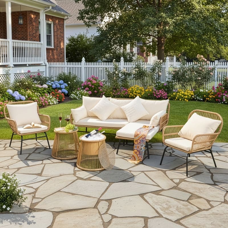 6-Piece Boho Wicker Patio Furniture Set, L-Shaped Outdoor Sectional Sofa with Ice Bucket Table, Beige Cushions