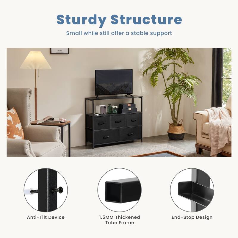5 Fabric Drawers Dresser for Bedroom TV with Open Storage Shelf