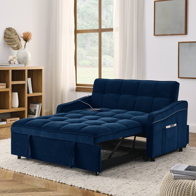 Mid-Century Modern Sofa Bed with USB Charging and Adjustable Backrest - Blue