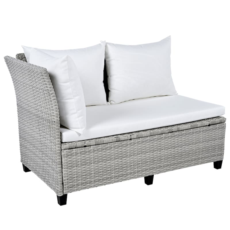 Roomfitters 5-Piece Outdoor PE Wicker Patio Sofa Set with 2 Extendable Side Tables, Dining Table