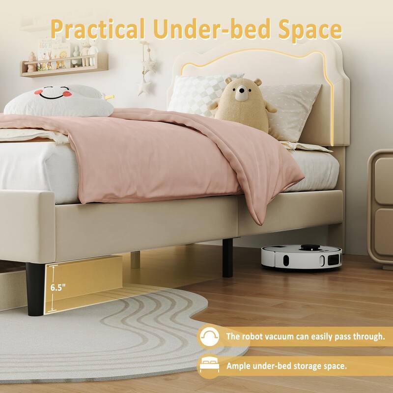 Twin Size Platform Bed Frame, Velvet Upholstered Bed Frame with Height Adjustable Bear-Shaped Headboard