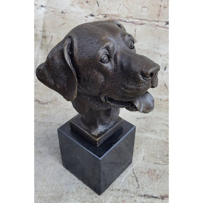 Signed Original Happy Labrador Puppy Dog Bust Marble Base Sculpture Statue Decor