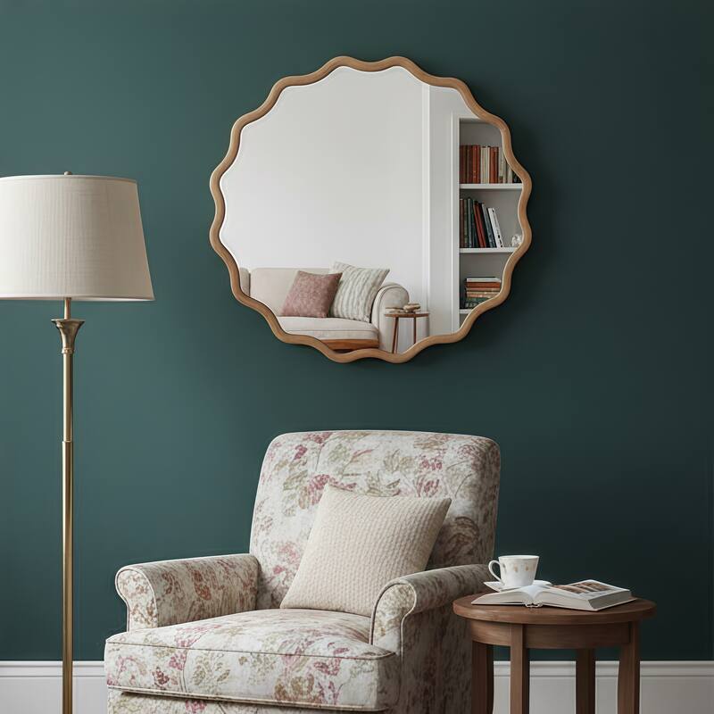 Natural Wood Wavy Round Solid Wood Decorative Mirror - Bedroom, Bathroom, Living Room - Natural Wood