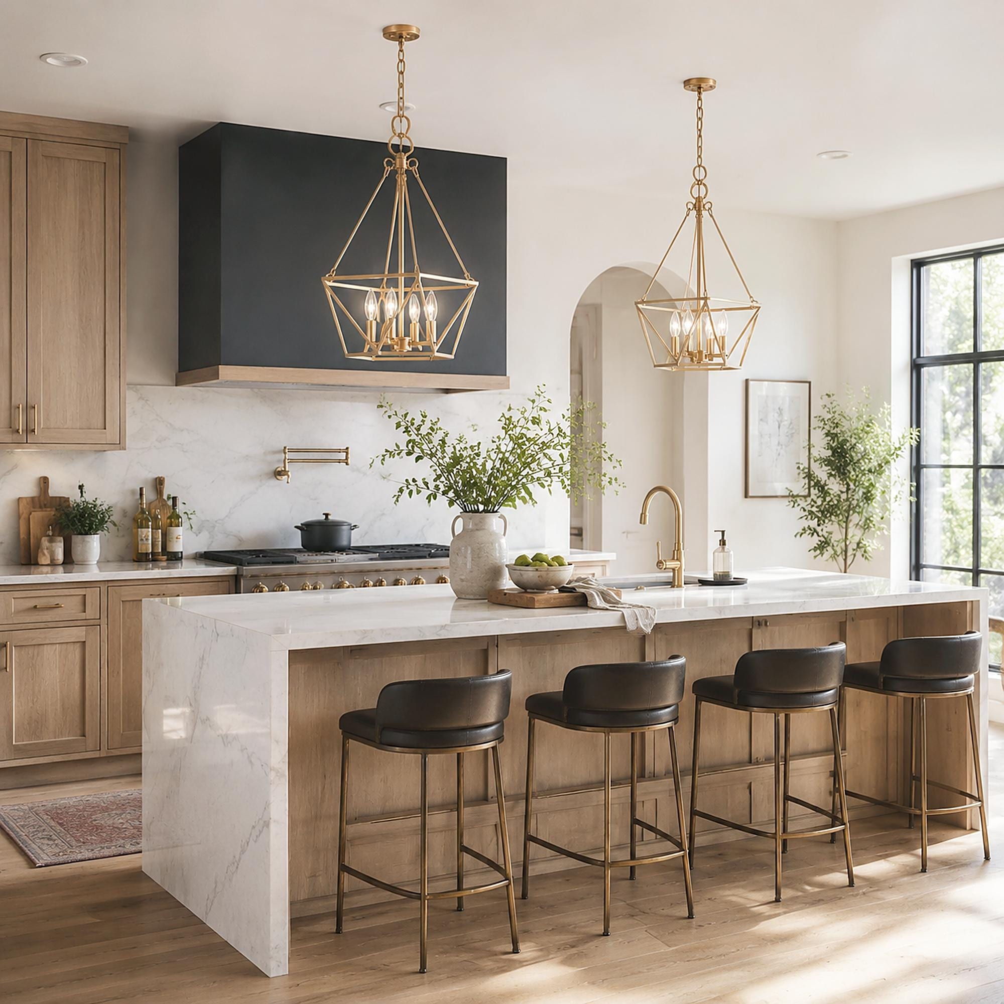 Rella Modern Farmhouse 4-Light Lantern Chandeliers Brass Gold Metal Kitchen Pendant Lights - D15.5" x H81.5''