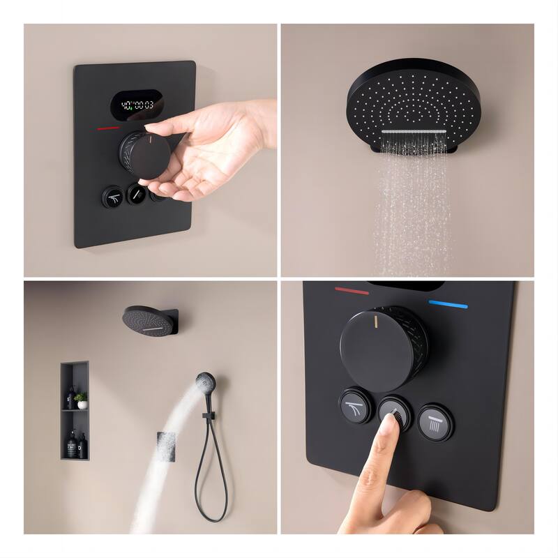 6-Way Wall Mounted 12.6'' Round Showerhead with High-pressure Handheld Showerhead in Black/Gold