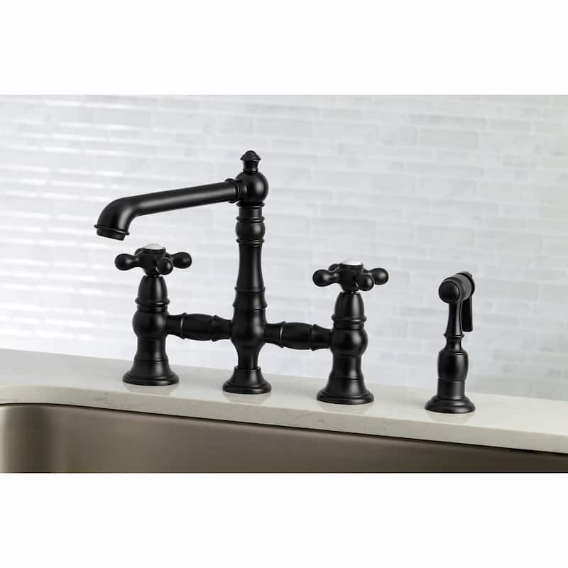 English Country Bridge Kitchen Faucet with Sprayer in Matte Black